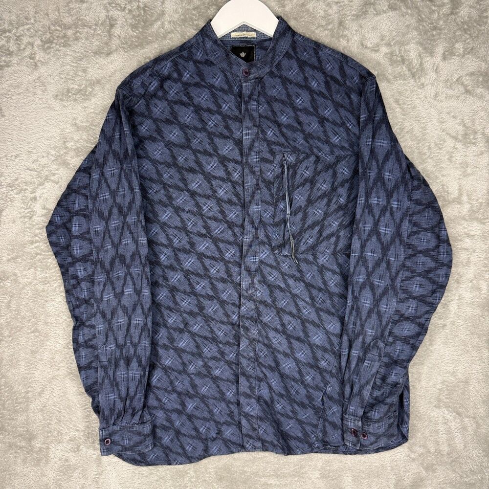Maharishi Shirt Mens Large Blue Geometric Button Up Mandarin Pacifist Military